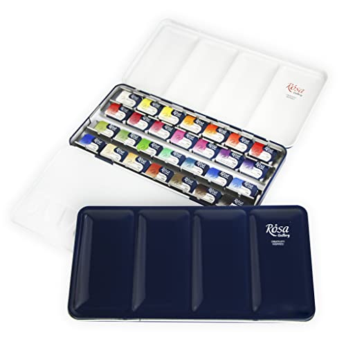 ROSA Gallery Botanical Watercolor Paint Set, Vibrant Kit Designed by Professional Artists, Washable, High Lightfastness Pigments, Made in Ukraine, Packed in Metal Paint Box, 28 Ct.