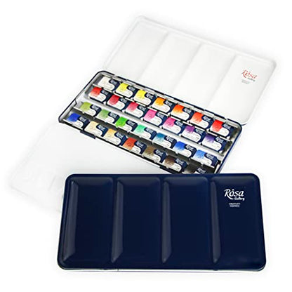 ROSA Gallery Botanical Watercolor Paint Set, Vibrant Kit Designed by Professional Artists, Washable, High Lightfastness Pigments, Made in Ukraine, Packed in Metal Paint Box, 28 Ct.