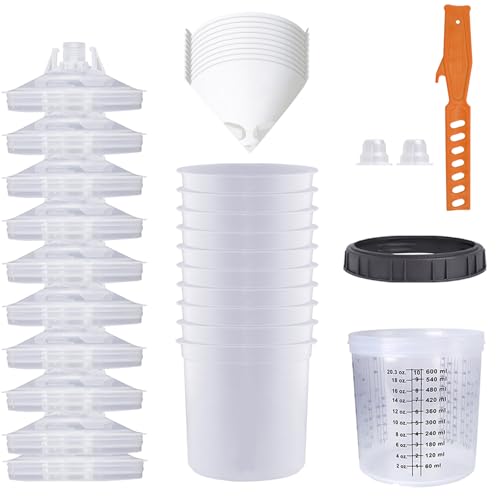 Disposable Paint Sprayer Gun Cup 20 Ounce(600ML) Kit with 10 Cups and Lids System, 1 Hard Cup with Retainer Ring, 2 Plugs, 1 Paint Stirrer, 10 Paint Strainers for Automotive Commercial Coatings - size: 20 Ounce kit 10pcs