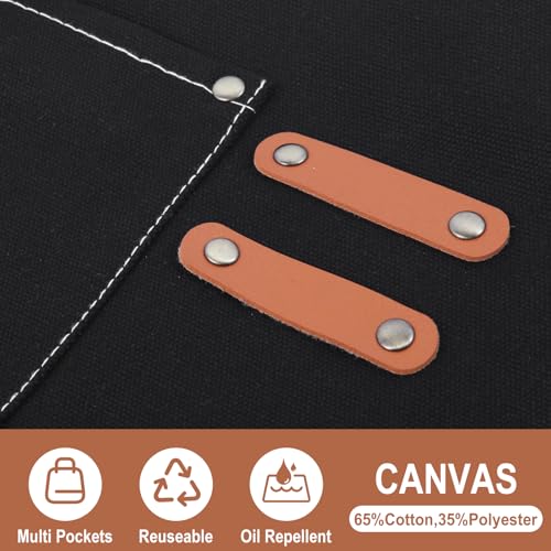 Men's Canvas Tool Apron, Heavy Duty Multi-Pocket Work Apron for Woodworking Gardening Bartender Adjustable Straps - color: Black