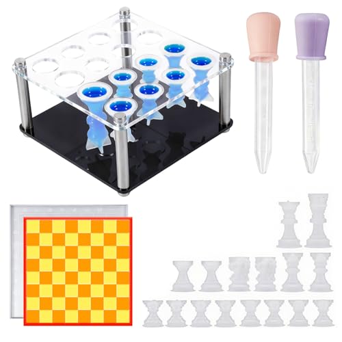 Utag Resin Chess Set Mold, Chess Piece Holder, 3D Silicone Full Size - color: 1 Holder + 16pcs Chess Molds & 1 Chessboard Mold