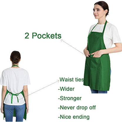 16 Pack Green Bib Plain Aprons Bulk for Women Men Adult with 2 Pockets-Chef Cooking Kitchen Painting Baking Restaurant Servers (16 pcs,Green) - color: Green