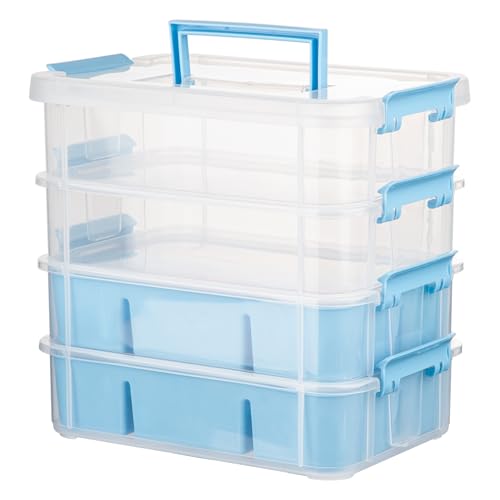 CraftGenes Art Supply Storage Organizer, 4-Tier 10 Qt Box, 2 Trays, Blue | Clear Compartments; Dual Removable Inserts; Carry Handle; Side Latches; Markers, Crayons, Brushes, Beads, Drawing Tools - color: Blue