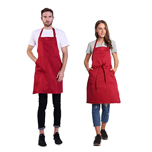 BIGHAS Adjustable Bib Apron with Long Ties for Women Men 18 Colors Chef Kitchen Cooking - color: Wine Red