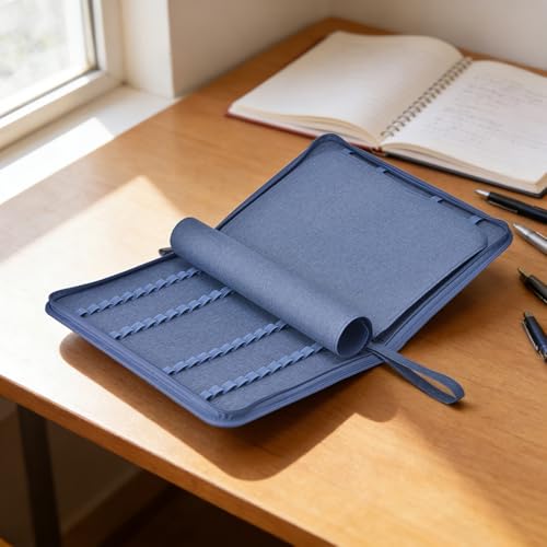 erofa 48 Slots Fountain Pen Case, Blue Water Resistant Canvas Pen Holder Display Pouch Storage Large Capacity Bag - color: Blue-Canvas