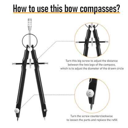 EBOOT Student Geometry Math Set, Metal Drawing Compass and 6 Inch Clear Swing Arm Protractors 180 Degree Math Protractor(Black) - color: Black