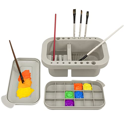 MyLifeUNIT Paint Brush Cleaner, Paint Brush Holder with Palette, Grey | 18 mixing wells, 16 slots fitting 0.24-0.63 in diameters, 3 washing compartments, removable tray lid - color: Grey