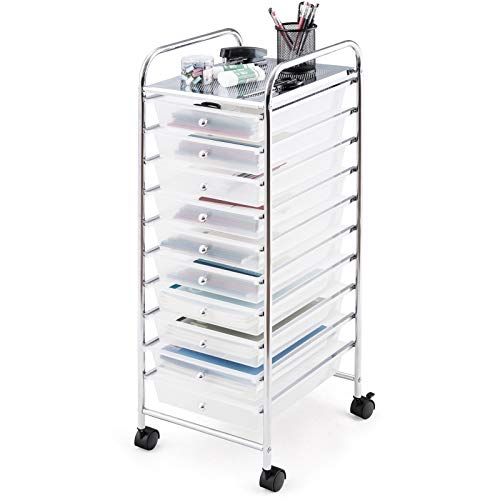 Happygrill 10-Drawer Storage Cart, Utility Cart with Removable Drawers & Metal Frame, Rolling Storage Cart with Lockable Wheels for Home, Office, Clear - color: Clear