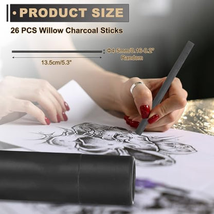MECCANIXITY 26Pcs Willow Charcoal Sticks, 4-5mm Willow Charcoal Pencils Soft Sketch Vine Art Supplies Set for Drawing Sketching Shading Painting Artists Beginners