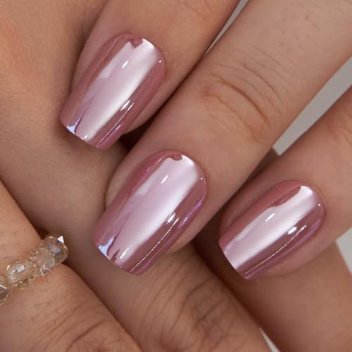 CurvLife Medium Coffin Chrome Press On Nails, Rose Mirror Gold Pink | 32PCS 16 Sizes, Salon-Quality Natural Fake Nails, Curved Fit, 7-14 Day Glue-On Wear, Reusable Stick-On Nails, Press-On Kit - color: Pink glitter