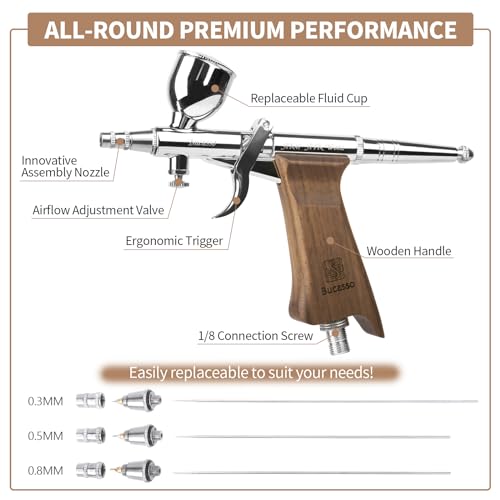 Bucasso Airbrush Kit, Air Brush Spray Gun with 0.3mm/0.5mm/0.8mm Needles/Nozzle Sets, 3cc/7cc/11cc Replaceable Fluid Cup for Painting Model Nails Cake Tattoo Makeup - color: W002-Walnut