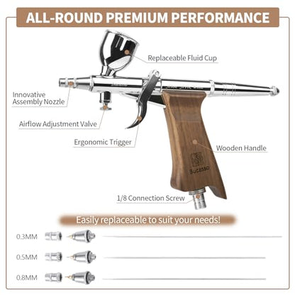 Bucasso Airbrush Kit, Air Brush Spray Gun with 0.3mm/0.5mm/0.8mm Needles/Nozzle Sets, 3cc/7cc/11cc Replaceable Fluid Cup for Painting Model Nails Cake Tattoo Makeup - color: W002-Walnut
