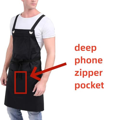 Kitchen Artist Apron for Chef, BBQ & Grill, 6 Deep Pockets with 1 Zipper Pocket,100% Cotton, M-XXL