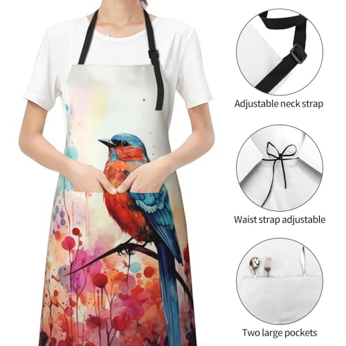 Art Apron with Pocket for Women Men | Kitchen Aprons Chef Apron for Cooking Baking BBQ Painting Gardening - color: Blue Bird Painting