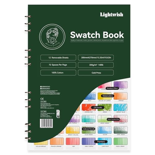 Lightwish Watercolor Swatch Book - 12 Detachable Sheets 100% Cotton 72 Spaces,15.35 * 10.63 in,300gsm/140lb Cold Press for Watercolor, Gouache, Oil Pastels - Spiral-Bound Color Testing Journal - color: Green, size: 15.35*10.63 In
