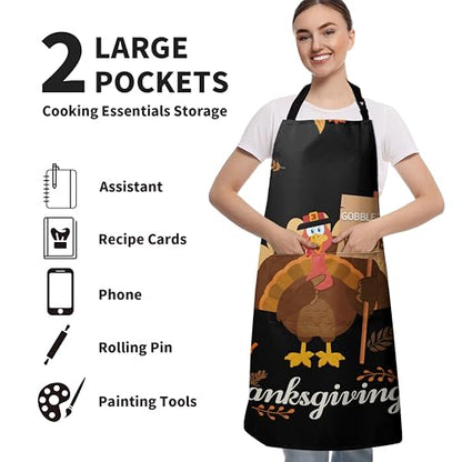 Funny Thanksgiving Aprons for Adults Women Men Cartoon Turkey Apron with Pockets Adjustable Kitchen Chef Apron Black Cooking Apron for Cooking, Barbecue, Crafting, Sewing - color: Turkey-black