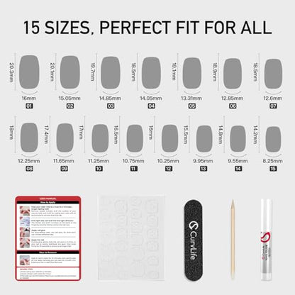 CurvLife Medium Coffin Chrome Press On Nails, Rose Mirror Gold Pink | 32PCS 16 Sizes, Salon-Quality Natural Fake Nails, Curved Fit, 7-14 Day Glue-On Wear, Reusable Stick-On Nails, Press-On Kit - color: Pink glitter