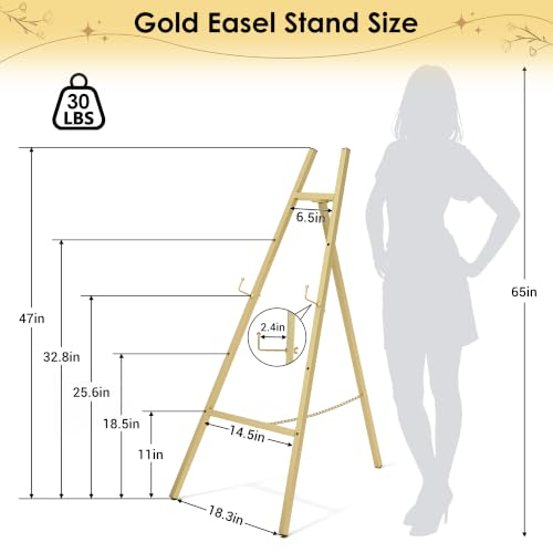 47" Gold Easel Stand for Sign, Large Heavy Duty Metal Display, 4-Tier | Sturdy Art Easel with Adjustable Chain & Non-Slip Feet for Wedding, Painting, Party, Posters, Commercial, Foldable - color: Gold
