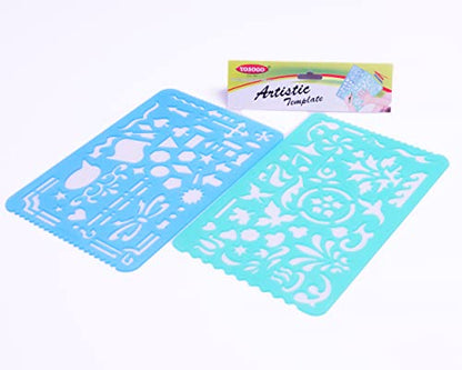 Set of 2 Plastic Stencil Art Templates Drafting Ruler with Various Cut Out Designs for Art and Craft Projects, Artistic Drawing, Tracing, Painting - Ideal for Professionals, Students and Kids