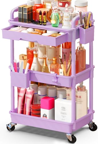 SUNALLY Makeup Cart Organizer with Drawer,3 Tier Rolling Makeup Cart,Purple - color: Purple, size: 3 Tier