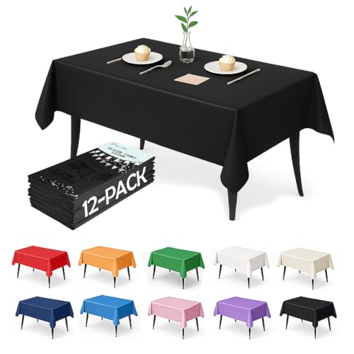 12-Pack Black Plastic Tablecloths – 54 x 108 Inch Disposable Table Covers for Rectangle Tables, Heavy Duty & Waterproof for Parties, Events, Banquets, Black - color: Black, size: 54" x 108" Rectangle