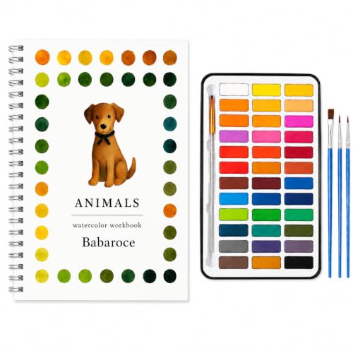 Watercolor Workbook Set with Solid Paint Palette – Guided Painting Pages + 36 Solid Colors – Beginner Friendly Art Practice Book for Home & Classroom Use (Animals) - color: ANIMALS