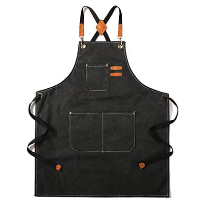 Tosewever Canvas Cross Back Chef Cotton Aprons for Men Women with Large Pockets - color: Black