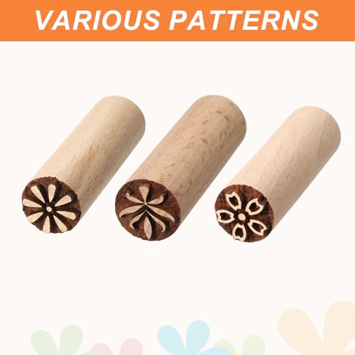 HARFINGTON 3pcs Wood Pottery Tools Stamps 0.6" Dia 2" Length Wooden Natural Clay Pottery Stamps Set Flower 3 Patterns for Cookie Cake Dessert - style: Flower 3 Patterns