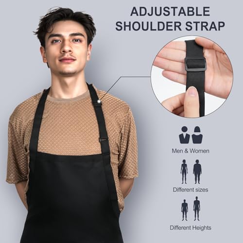 Men's Chef Apron and Women's Server Apron Featuring 3 Pockets Black Aprons. Suitable for Kitchen Cooking, Barbecue, Art Studio, Etc, Suitable for Both Men and Women