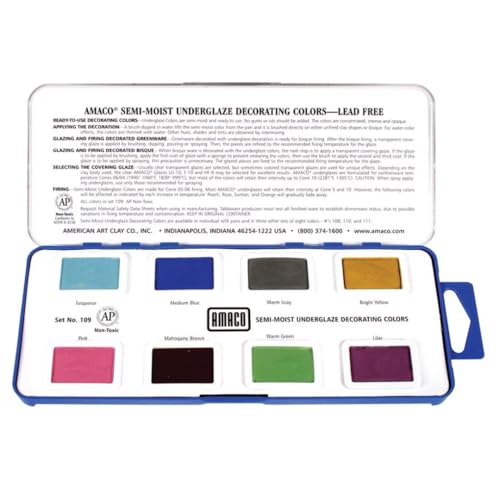 AMACO Semi-Moist Underglazes 8-Count Set No. 2 (#109), 8 Assorted Decorating Colors in Watercolor-Like Pans, Low/Mid-High Fire Cone 05-6 (SMUG) Ceramic Pottery Underglazes for Unfired Clay and Bisque - color: 8-Count Set No. 2 (#109)