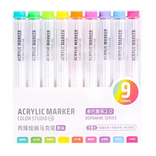 Acrylic Paint Pen Markers, 9 Colors Soft Brush Tip Paint Pens for Wood Glass Eggs Rock Painting Canvas Stone Fabric DIY Crafts Making Art Supplies (Multicolor) - color: Multicolor