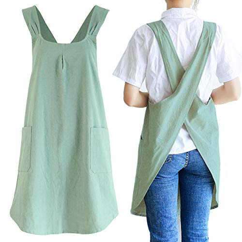 NEWGEM Japanese Cotton Linen Cross Back Cooking Apron for Women Men with Pockets Cute for Baking Kitchen - color: 01- Women's Mint Green