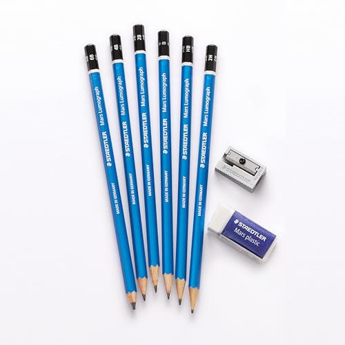 STAEDTLER Mars Lumograph Graphite Artist Sketching Set, 6 Pencils (6B, 4B, 2B, B, HB, 2H), Mini Mars Plastic Eraser, Metal Sharpener - style: 6 Pencils, Sharpener, Eraser