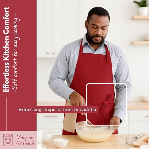 Native Fab Kitchen Apron 2 Pack - 100% Cotton Adjustable, Durable Apron with Pockets, Perfect for Cooking, Baking, Grilling - color: Red