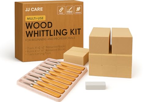 JJ CARE Wood Carving Kit [8 SK7 Carving Knives with Beechwood Handle, 10 Basswood Carving Blocks, Carrying Case, Whittling Book], Beginner Wood Carving Kit - size: Set B
