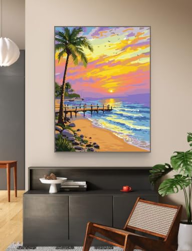 ZRIZQ Beach Paint by Numbers Kit for Adults Beginner,Sunset,16x20 | Full set with rich paints,wooden brushes,rolled canvas.Calming activity.Beginner friendly.Just open and paint. - color: 16"X20"Rolled Canvas-Landscape 9