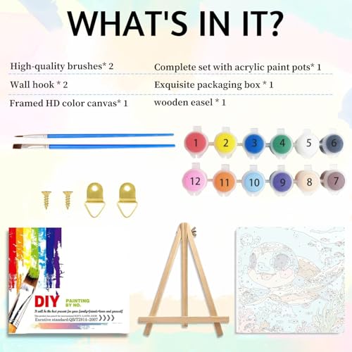 Sea Turtle Paint by Numbers Kit for Kids with Frame Wooden Easel 8x8 inch - color: style-2