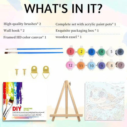 Sea Turtle Paint by Numbers Kit for Kids with Frame Wooden Easel 8x8 inch - color: style-2