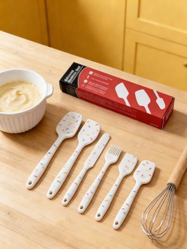 6 Pieces Silicone Spatula Set - Heavy Duty Kitchen Cooking Serving Utensils, Non-Stick Silicone Cooking Utensils Set, Kitchen Utensil Set with Oil Brush, Jar Spatula & Mini Spatulas (White) - color: White