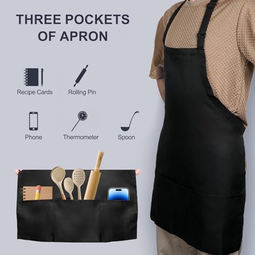 Men's Chef Apron and Women's Server Apron Featuring 3 Pockets Black Aprons. Suitable for Kitchen Cooking, Barbecue, Art Studio, Etc, Suitable for Both Men and Women