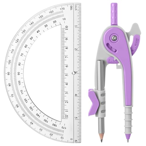 EBOOT Student Geometry Math Set, Drawing Compass and 6 Inch Clear Swing Arm Protractors 180 Degree Math Protractor (Lavender Purple) - color: Lavender Purple