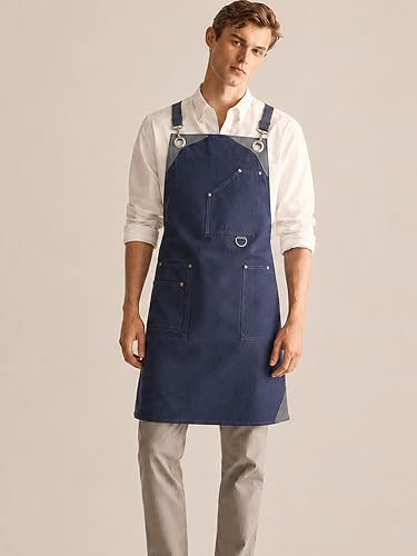 Professional Work Apron for Men & Women – 100% Cotton with waterproof Membrane, Cross Back Straps - color: Work Navy