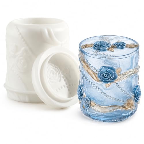 3D Rose Jar Resin Mold with Lid, Floral Silicone Mold for Epoxy Casting | Pearl, Ribbon and Rose Details Create a Decorative Jar for Jewelry, Wrapped Candy, Keepsakes, Candle Vessels and Gifts