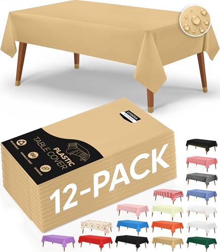 Utopia Kitchen Plastic Table Cloth Disposable (12 Pack - 54x108 Inch) Gold Rectangle Tablecloth Waterproof Stain Resistant Party Table Cover - color: Gold, size: 54X108 Inch - 12PC