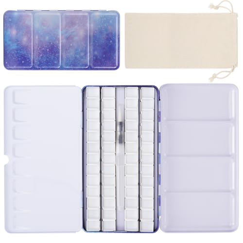 PEVART Empty Watercolor Paint Palette Case, Metal Water Color Tin Box with 52 Half Pans and Fold-Out Mixing Painting Tray-Portable Travel Watercolor Palette, Plain Air Painting - color: Purple, size: 52 Half Pans