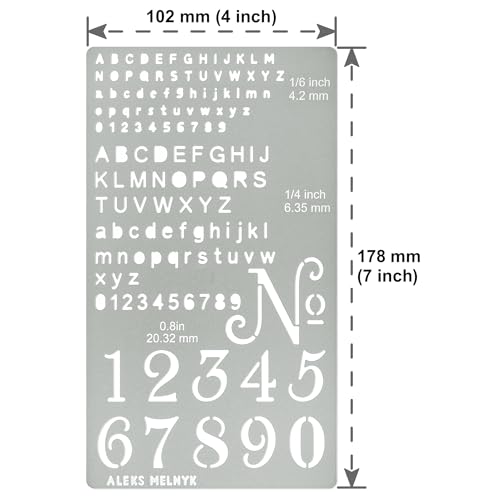 Aleks Melnyk No.422 Metal Stencil, Tiny Letters, Normografo, Pyrography, Wood Burning, 1 PCS, Template, Engraving Wood and Patterns, Alphabet and Number, Lettering, Letting, Bullet Journaling