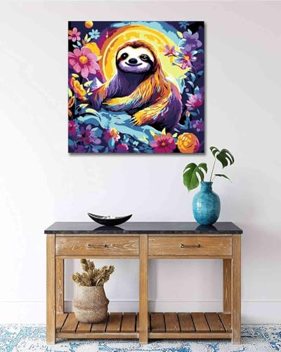 TOCARE Framed Paint by Numbers Kit for Adults Beginners,12x12inch Sloth Paint by Number with Frame,Flower Sloth Paint by Numbers Framed Canvas for Amimal Lover (Without Easel) - color: TC-F-294