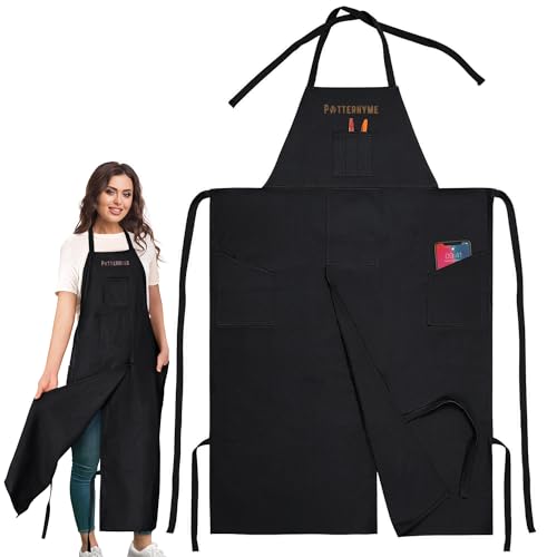 Full Coverage Pottery Apron Split Leg - 100% Cotton Canvas Potter's & Ceramics Aprons with Pockets for Women & Men - color: Black