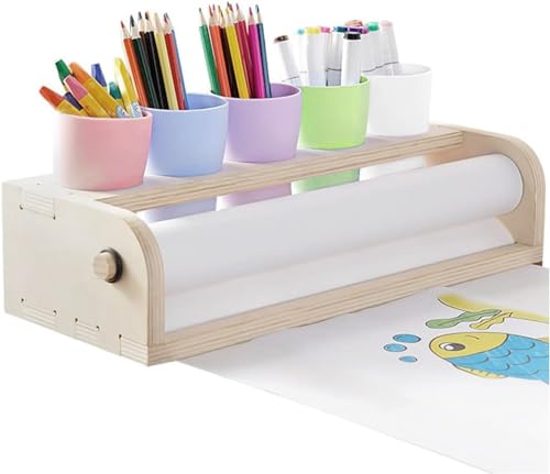 Kids Tabletop Paper Roll Dispenser with Paper Rolls (15"" x 16.4ft) and 5 Pencil Holder Cups Portable Art Painting Easel for Kids to Doodle Draw Play