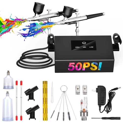 Airbrush Kit with Air Compressor Dual Airflow Version, 2 Airbrush Guns, 50 PSI Air Brush Kit with 0.2/0.3/0.5mm Nozzle for Painting, Modeling, Cake Decorating, Makeup, Nails, Crafts - color: Black Pro